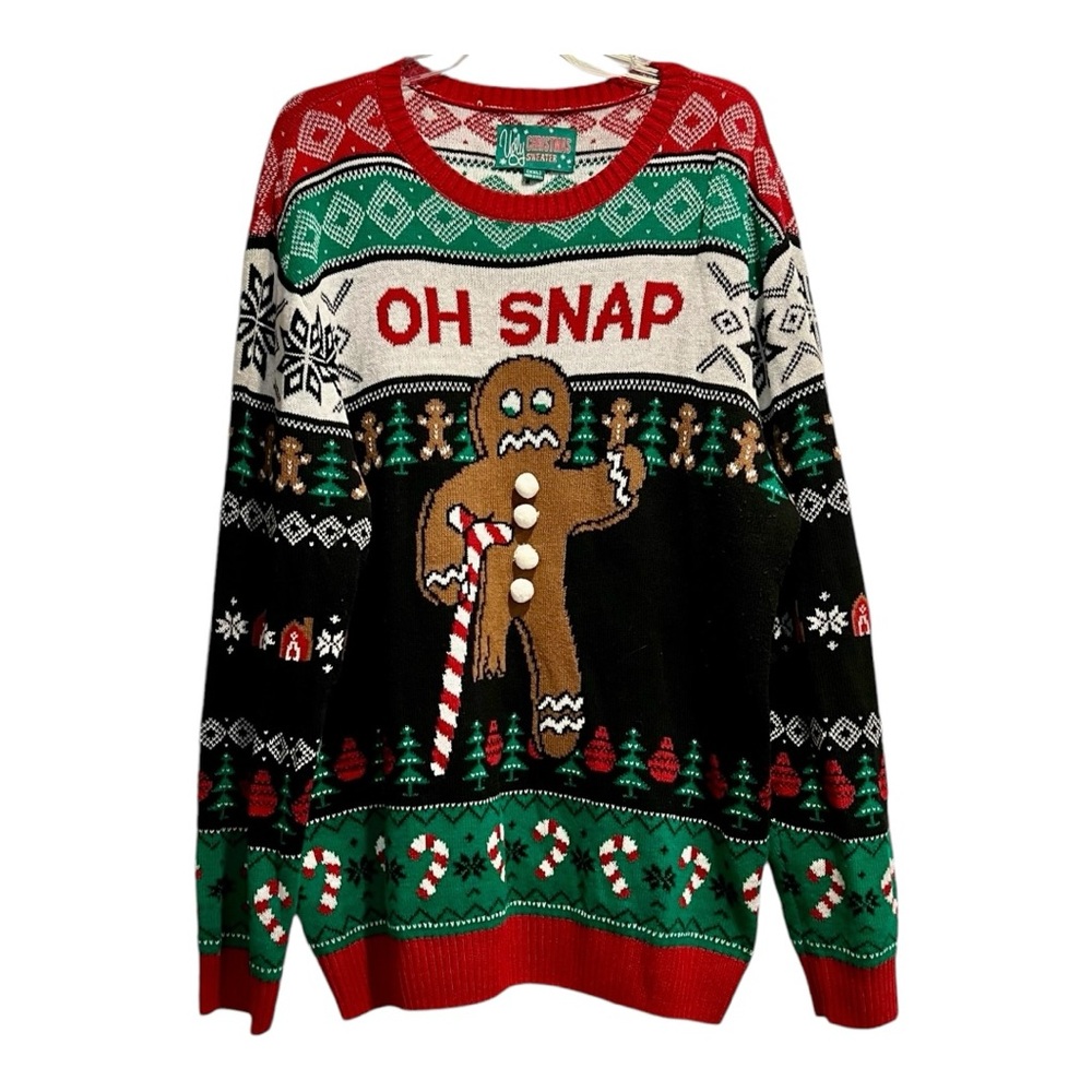 Ugly Christmas Sweater 2XL OH SNAP Gingerbread Man with Candy Cane